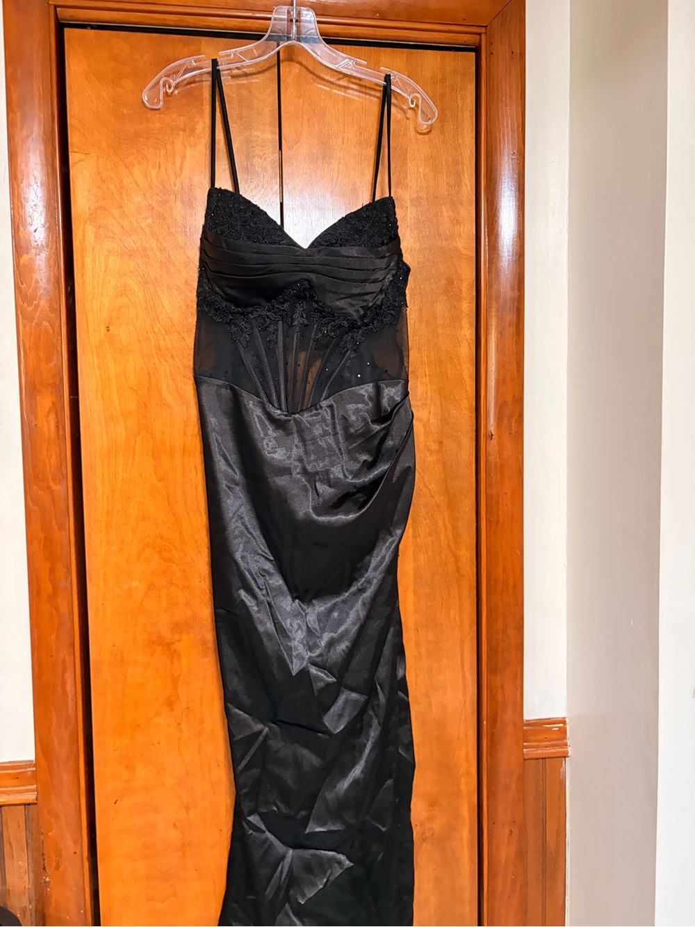 Blondie Nites Black Lace-Bodice Spaghetti Strap Prom Dress